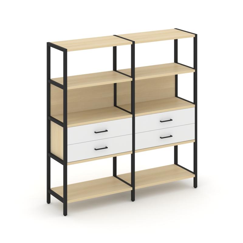 Shelf System Двухсекционный стеллаж четырехярусный с ящиками SN.STM-422 Акация Лорка/Белый/Металл Че