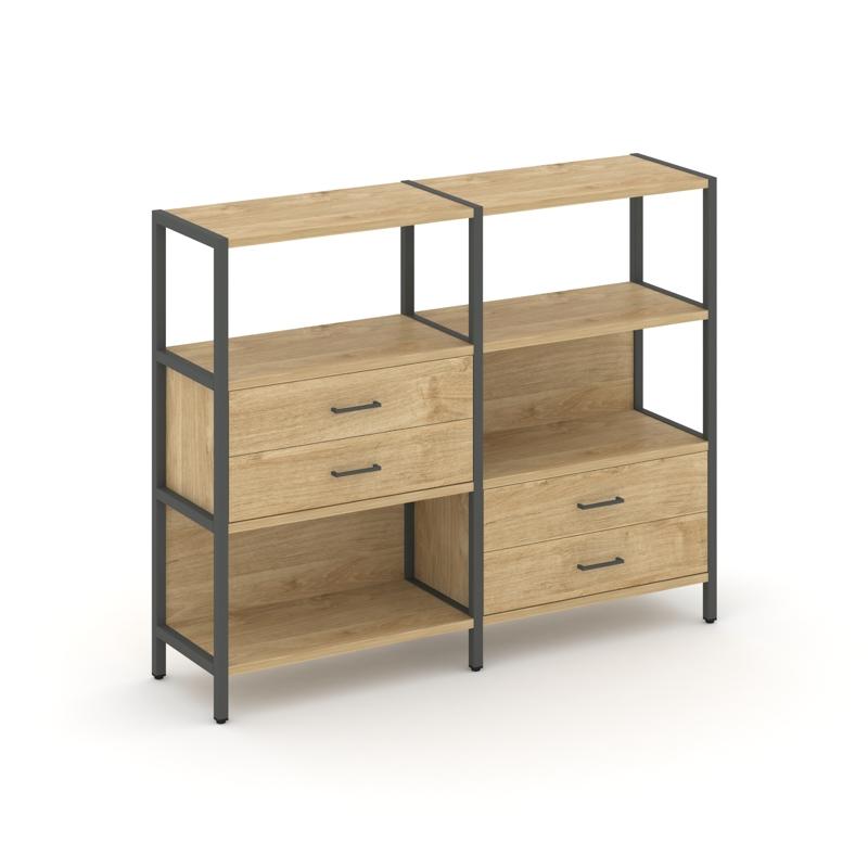 Shelf System Двухсекционный стеллаж трехярусный с ящиками SN.STM-323 Тиквуд Светлый/Металл Антрацит