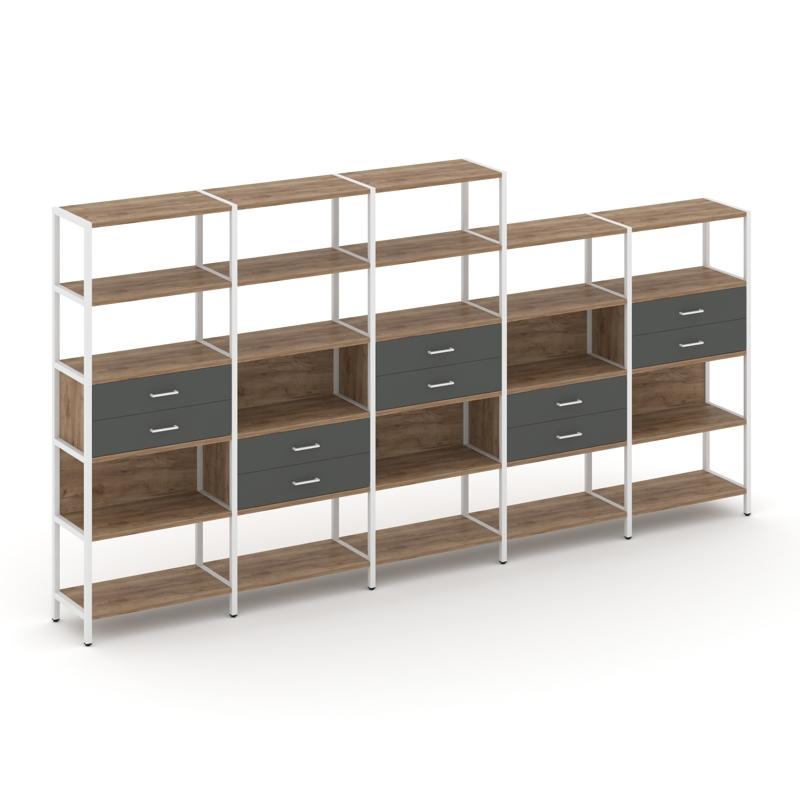 Shelf System Пятисекционный стеллаж пятиярусный с ящиками SN.STM-551 Дуб Табак/Антрацит/Металл Белый