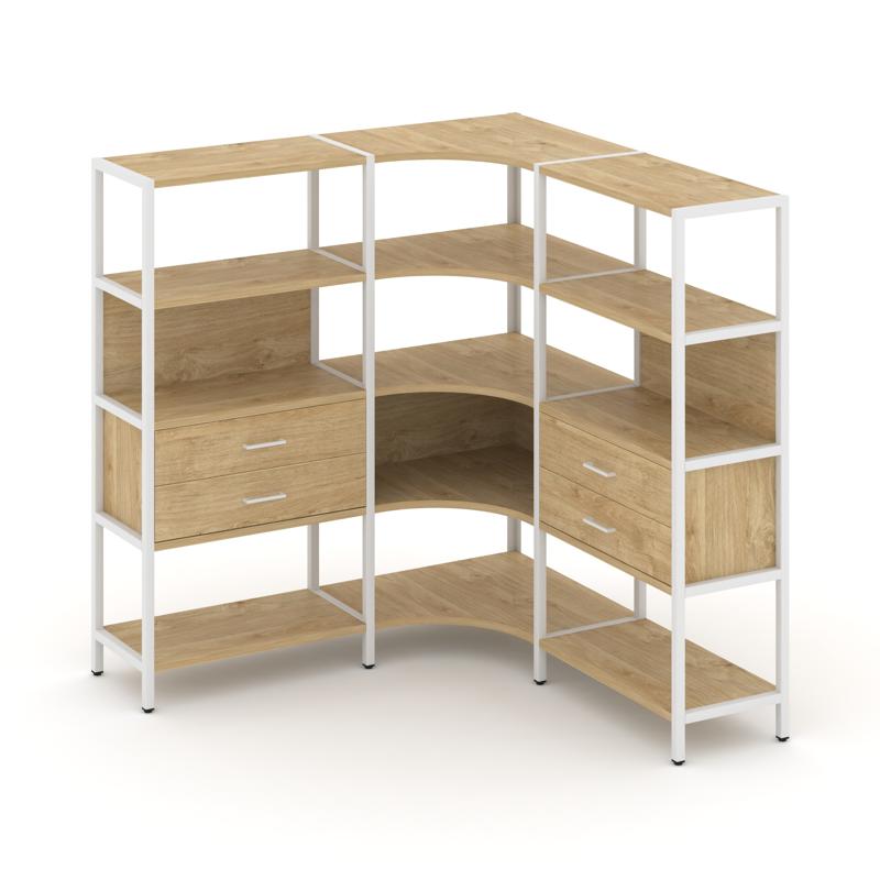 Shelf System Трехсекционный угловой стеллаж четырехярусный с ящиками SN.STMU-431 Тиквуд Светлый/Мета