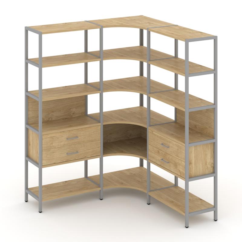 Shelf System Трехсекционный угловой стеллаж пятиярусный с ящиками SN.STMU-531 Тиквуд Светлый/Металл
