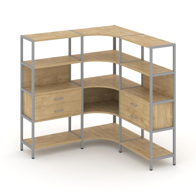 Shelf System Трехсекционный угловой стеллаж четырехярусный с ящиками SN.STMU-431 Тиквуд Светлый/Мета