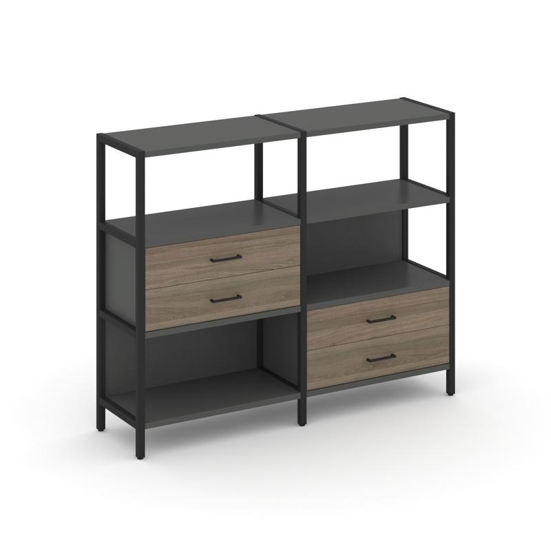 Shelf System Двухсекционный стеллаж трехярусный с ящиками SN.STM-323 Антрацит/Вяз Благородный/Металл