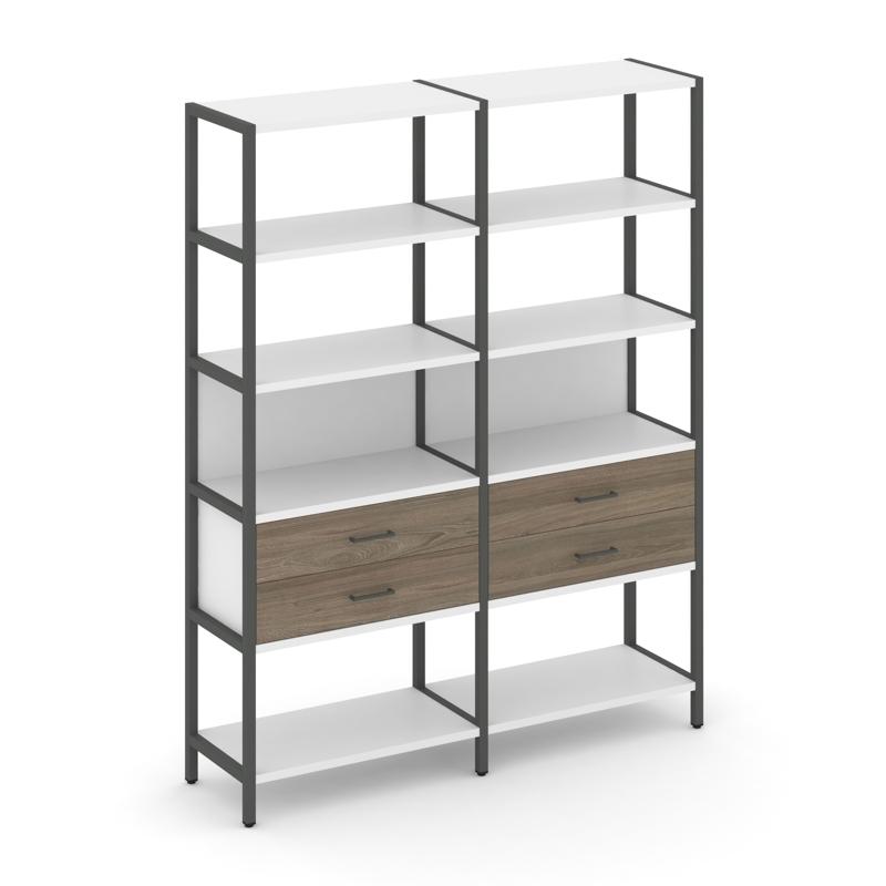Shelf System Двухсекционный стеллаж пятиярусный с ящиками SN.STM-522 Белый/Вяз Благородный/Металл Ан