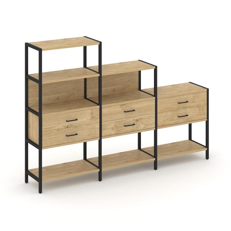 Shelf System Трехсекционный стеллаж четырех/трех/двухярусный с ящиками SN.STM-431 Тиквуд Светлый/Мет