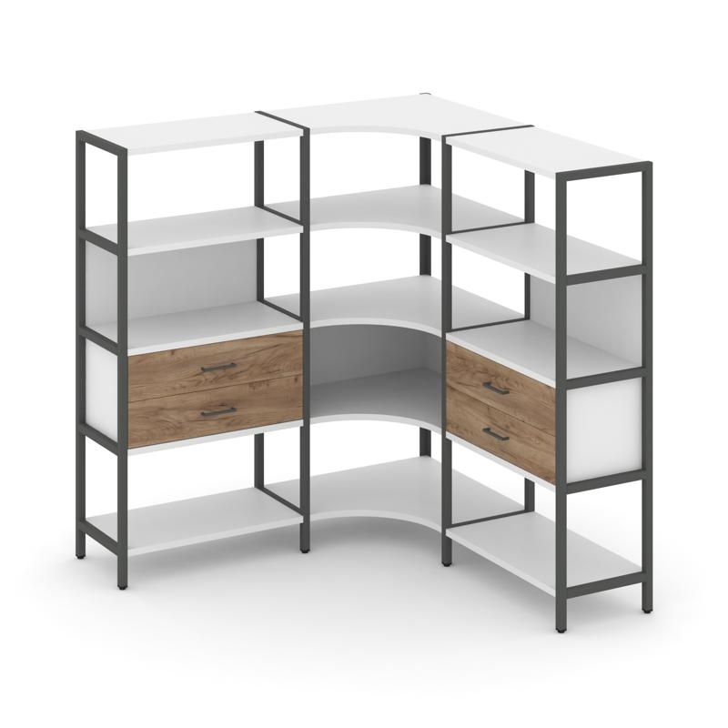 Shelf System Трехсекционный угловой стеллаж четырехярусный с ящиками SN.STMU-431 Белый/Дуб Табак/Мет
