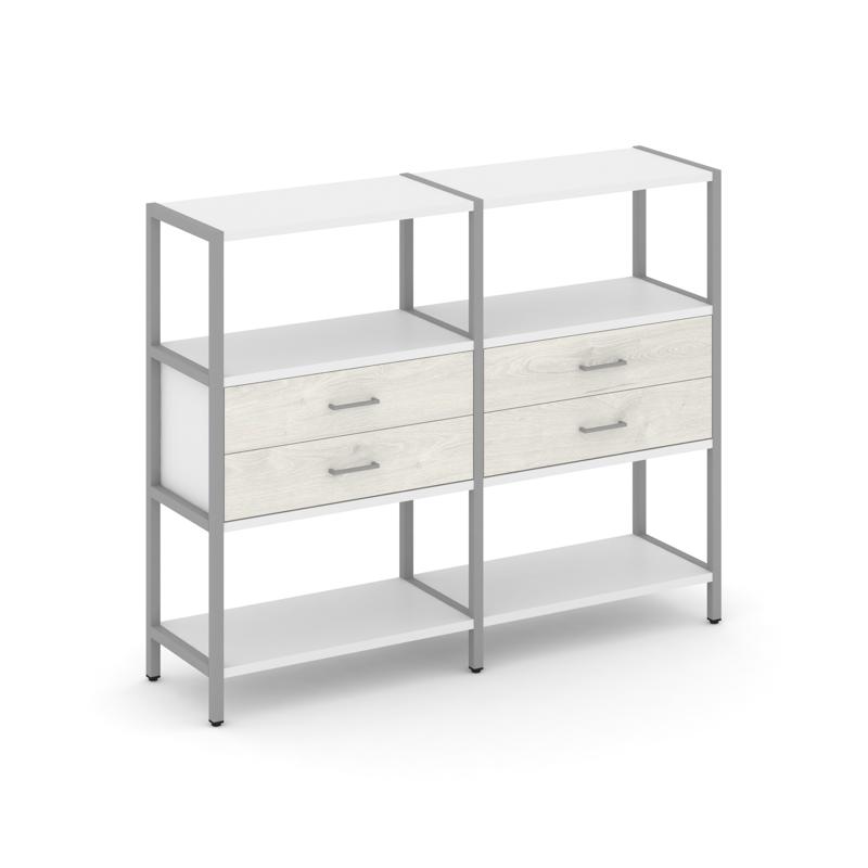 Shelf System Двухсекционный стеллаж трехярусный с ящиками SN.STM-322 Белый/Дуб Наварра/Металл Серый