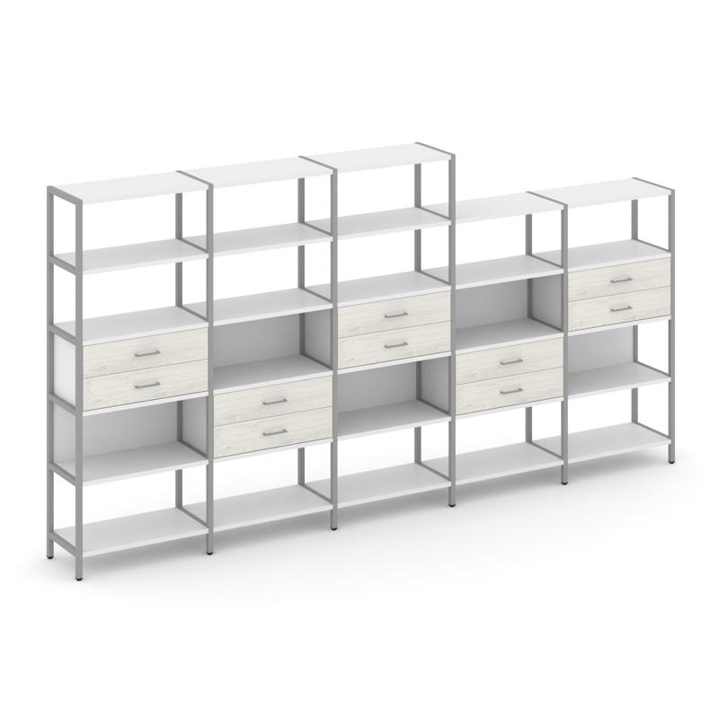 Shelf System Пятисекционный стеллаж пятиярусный с ящиками SN.STM-551 Белый/Дуб Наварра/Металл Серый