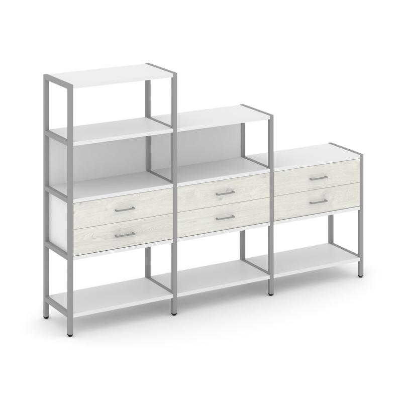 Shelf System Трехсекционный стеллаж четырех/трех/двухярусный с ящиками SN.STM-431 Белый/Дуб Наварра/