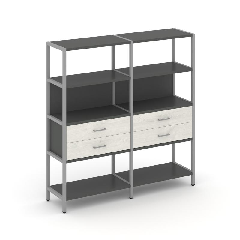 Shelf System Двухсекционный стеллаж четырехярусный с ящиками SN.STM-422 Антрацит/Дуб Наварра/Металл