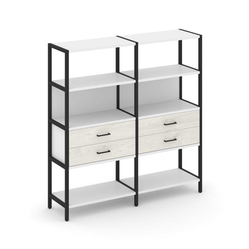 Shelf System Двухсекционный стеллаж четырехярусный с ящиками SN.STM-422 Белый/Дуб Наварра/Металл Чер