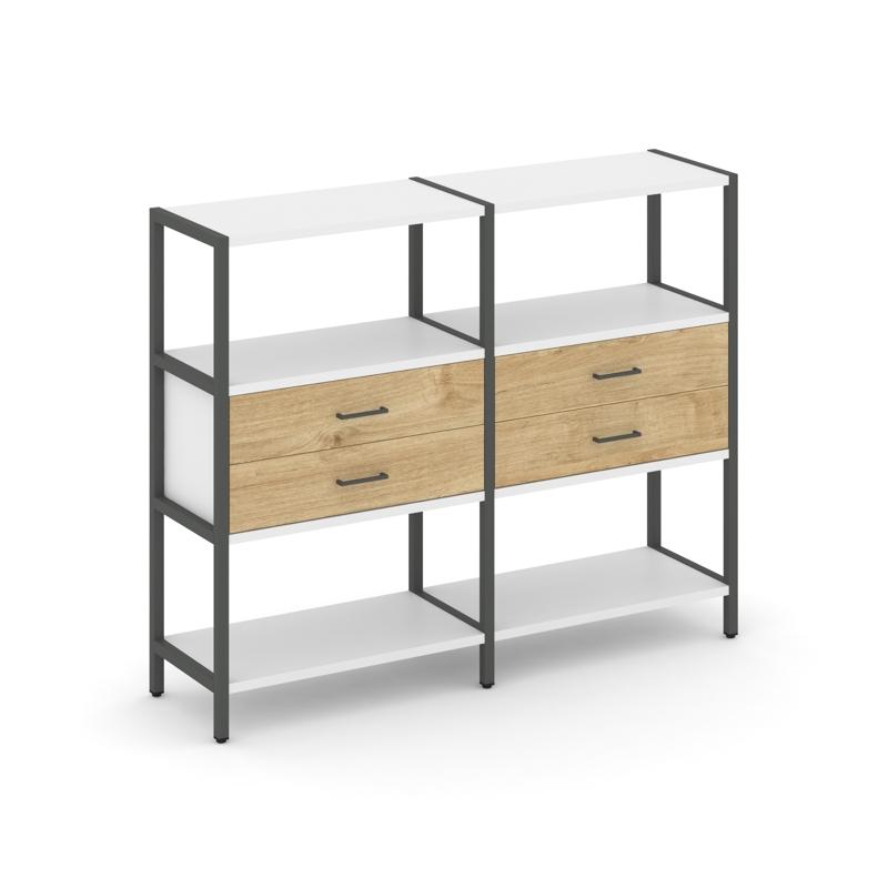 Shelf System Двухсекционный стеллаж трехярусный с ящиками SN.STM-322 Белый/Тиквуд Светлый/Металл Ант