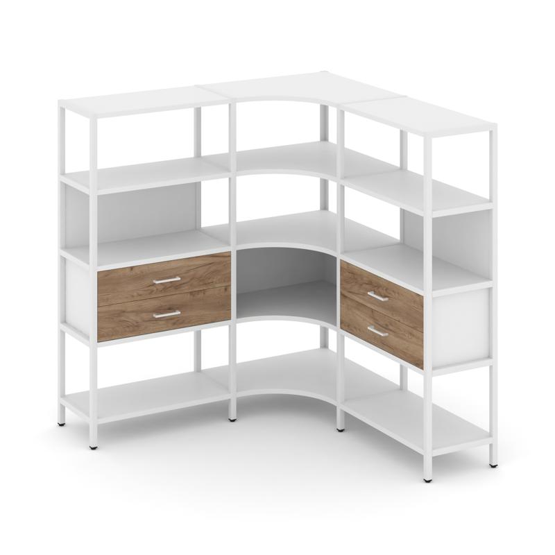 Shelf System Трехсекционный угловой стеллаж четырехярусный с ящиками SN.STMU-431 Белый/Дуб Табак/Мет