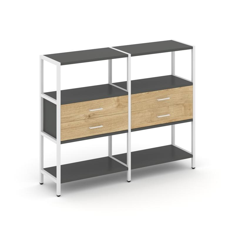 Shelf System Двухсекционный стеллаж трехярусный с ящиками SN.STM-322 Антрацит/Тиквуд Светлый/Металл