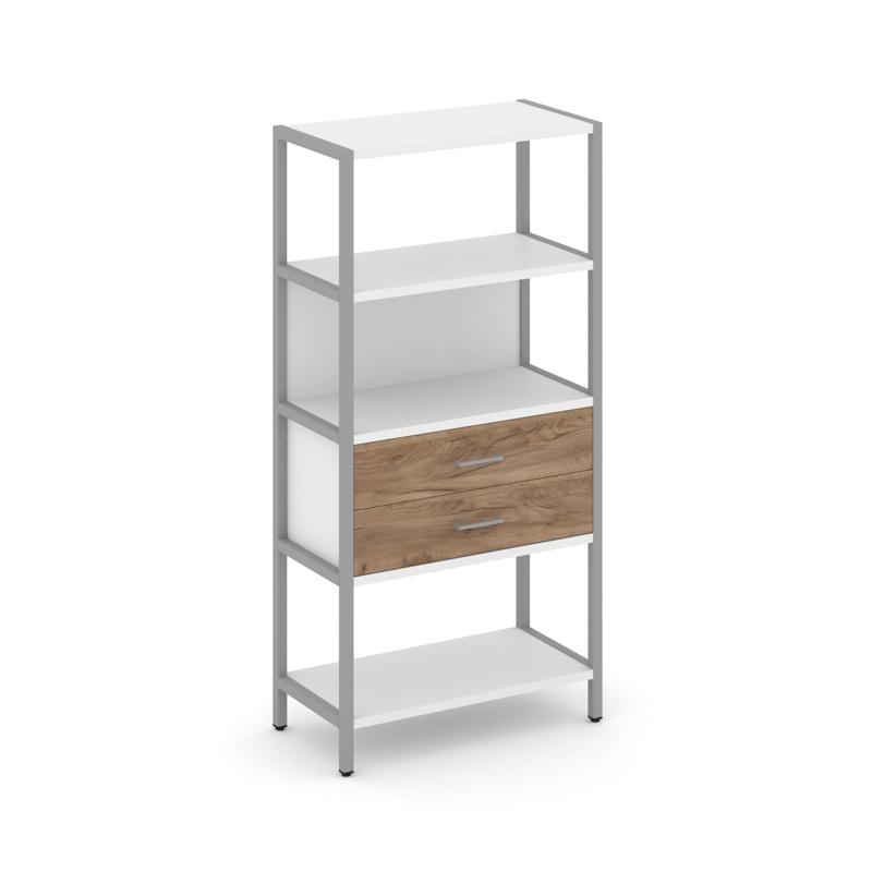 Shelf System Односекционный стеллаж четырехярусный с ящиками SN.STM-412 Белый/Дуб Табак/Металл Серый