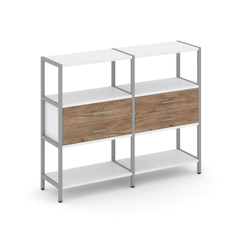 Shelf System Двухсекционный стеллаж трехярусный с ящиками SN.STM-322 Белый/Дуб Табак/Металл Серый 15