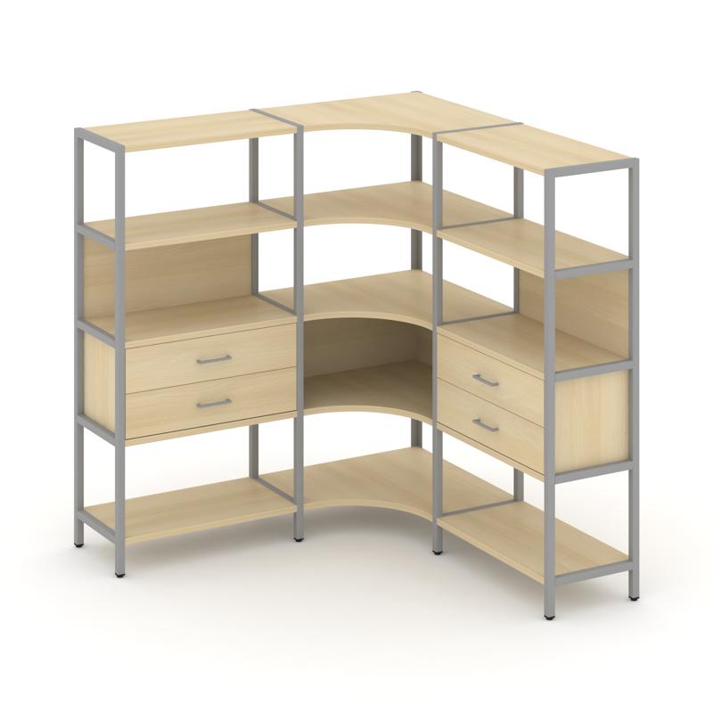 Shelf System Трехсекционный угловой стеллаж четырехярусный с ящиками SN.STMU-431 Акация Лорка/Металл