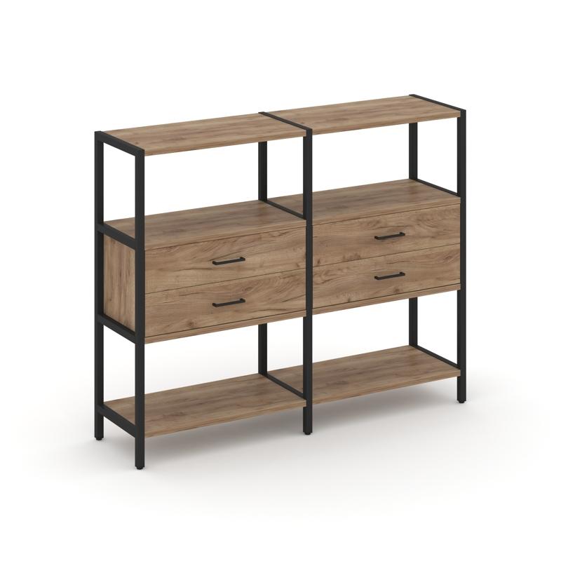 Shelf System Двухсекционный стеллаж трехярусный с ящиками SN.STM-322 Дуб Табак/Металл Черный 1590*40