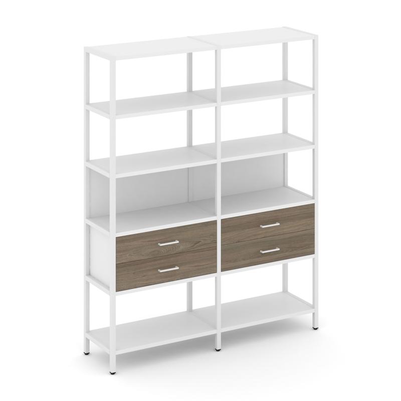 Shelf System Двухсекционный стеллаж пятиярусный с ящиками SN.STM-522 Белый/Вяз Благородный/Металл Бе