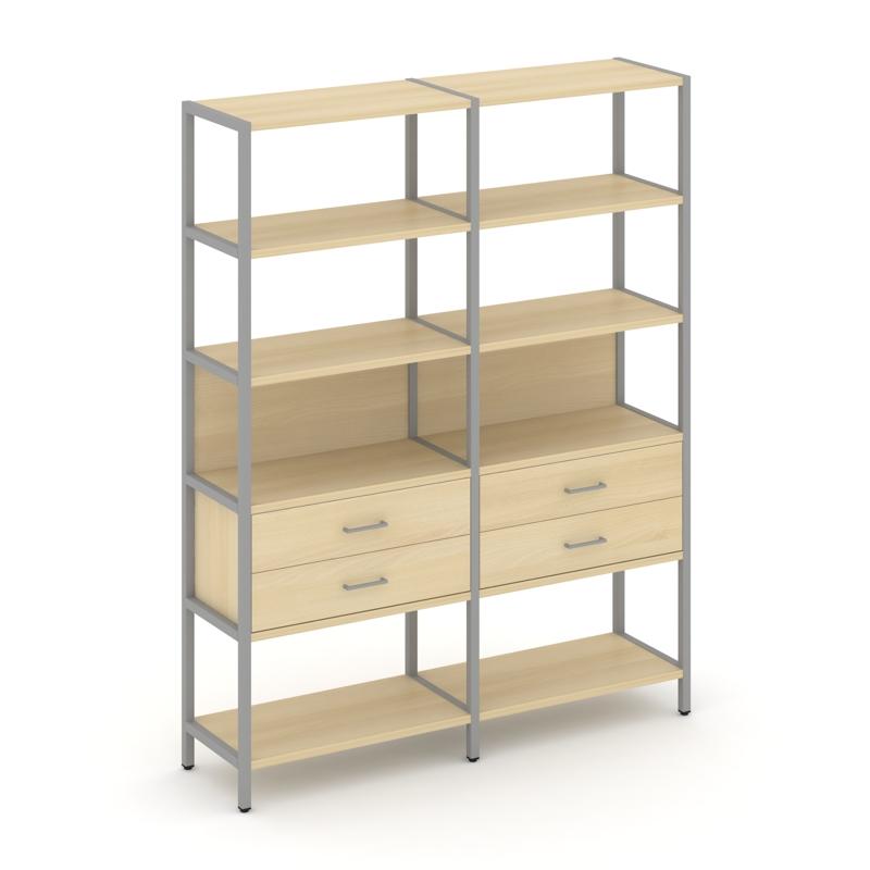 Shelf System Двухсекционный стеллаж пятиярусный с ящиками SN.STM-522 Акация Лорка/Металл Серый 1590*