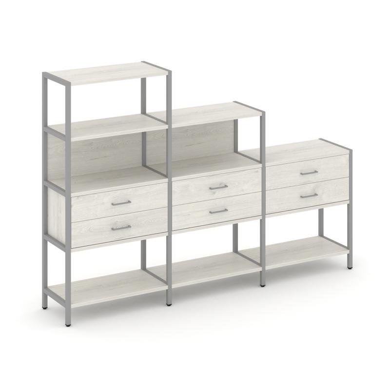 Shelf System Трехсекционный стеллаж четырех/трех/двухярусный с ящиками SN.STM-431 Дуб Наварра/Металл