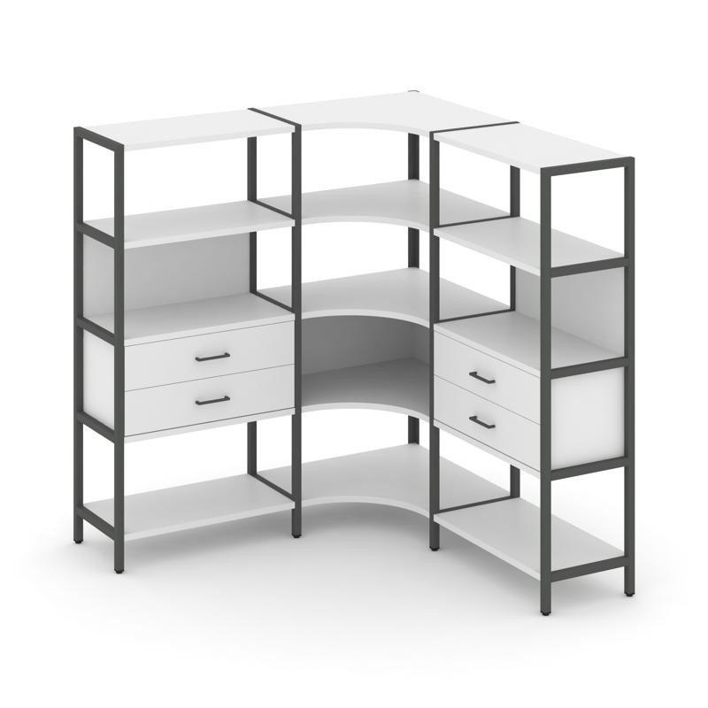 Shelf System Трехсекционный угловой стеллаж четырехярусный с ящиками SN.STMU-431 Белый/Металл Антрац