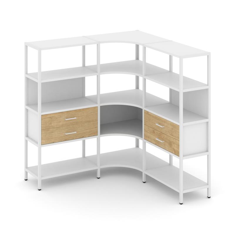 Shelf System Трехсекционный угловой стеллаж четырехярусный с ящиками SN.STMU-431 Белый/Тиквуд Светлы