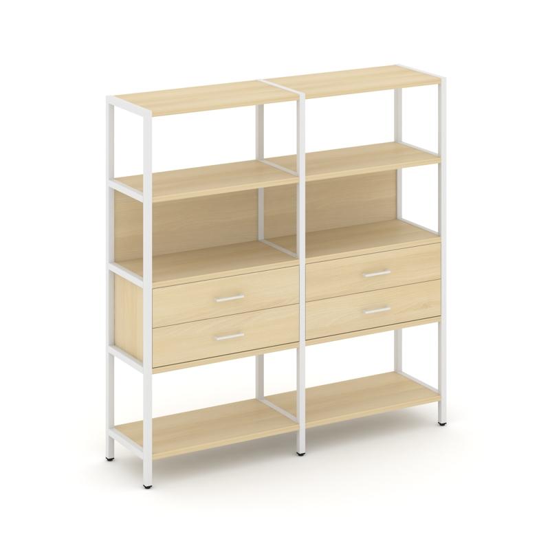 Shelf System Двухсекционный стеллаж четырехярусный с ящиками SN.STM-422 Акация Лорка/Металл Белый 15