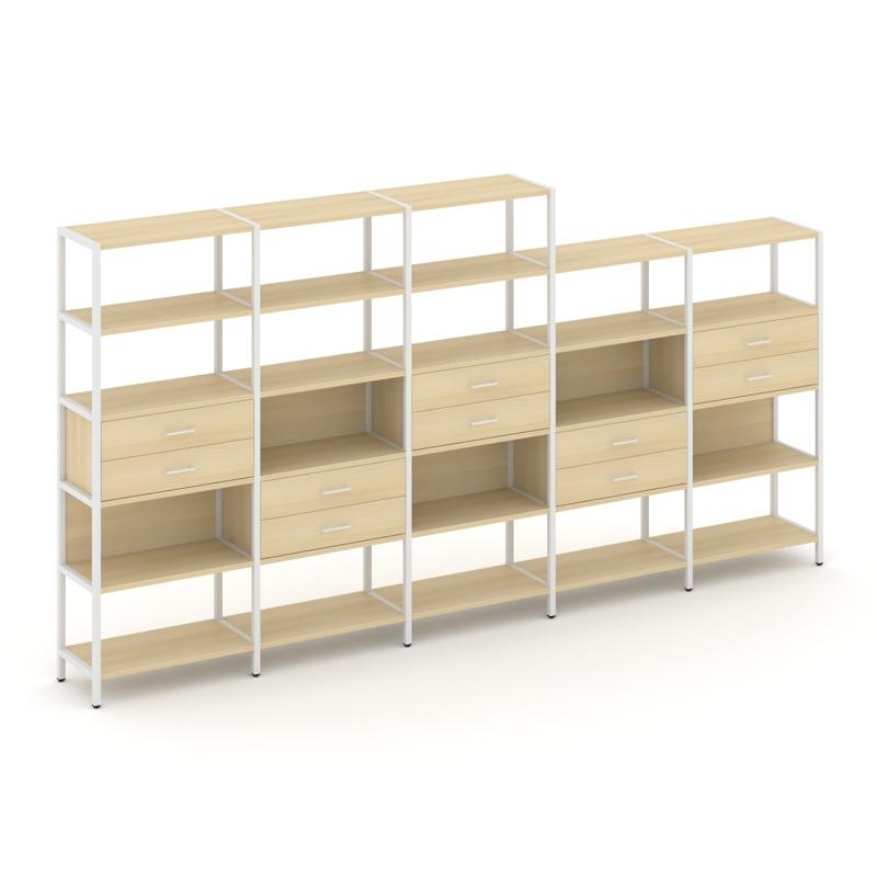 Shelf System Пятисекционный стеллаж пятиярусный с ящиками SN.STM-551 Акация Лорка/Металл Белый 3930*