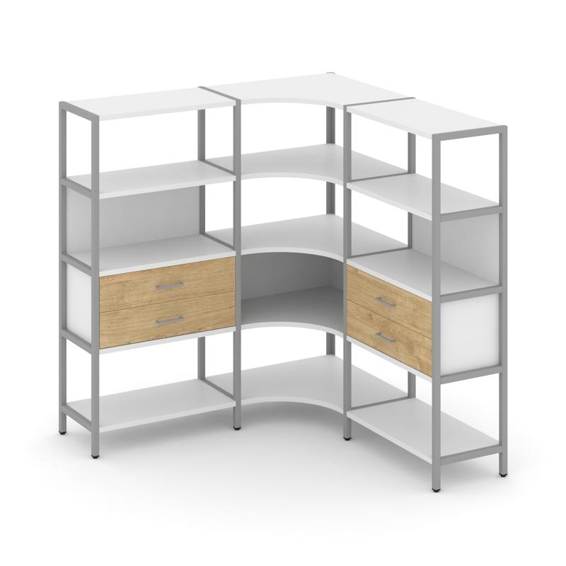 Shelf System Трехсекционный угловой стеллаж четырехярусный с ящиками SN.STMU-431 Белый/Тиквуд Светлы