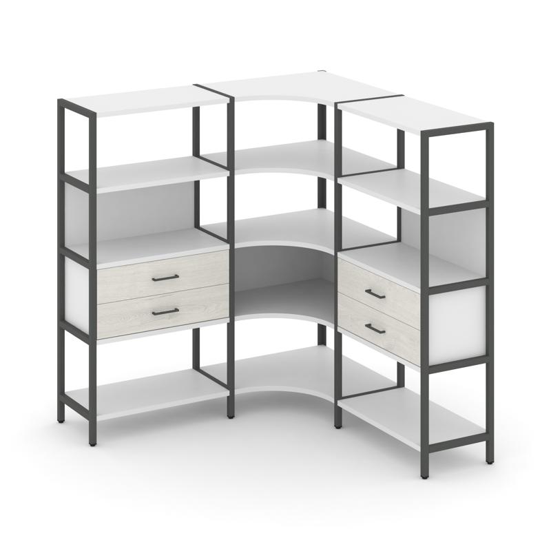 Shelf System Трехсекционный угловой стеллаж четырехярусный с ящиками SN.STMU-431 Белый/Дуб Наварра/М
