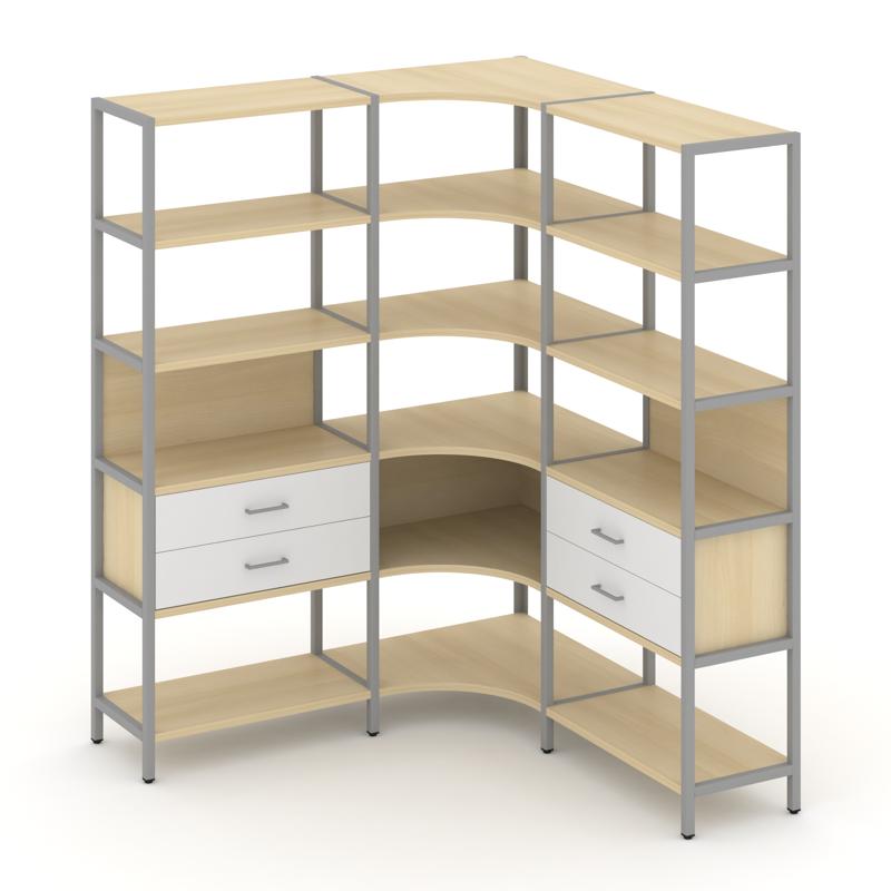 Shelf System Трехсекционный угловой стеллаж пятиярусный с ящиками SN.STMU-531 Акация Лорка/Белый/Мет