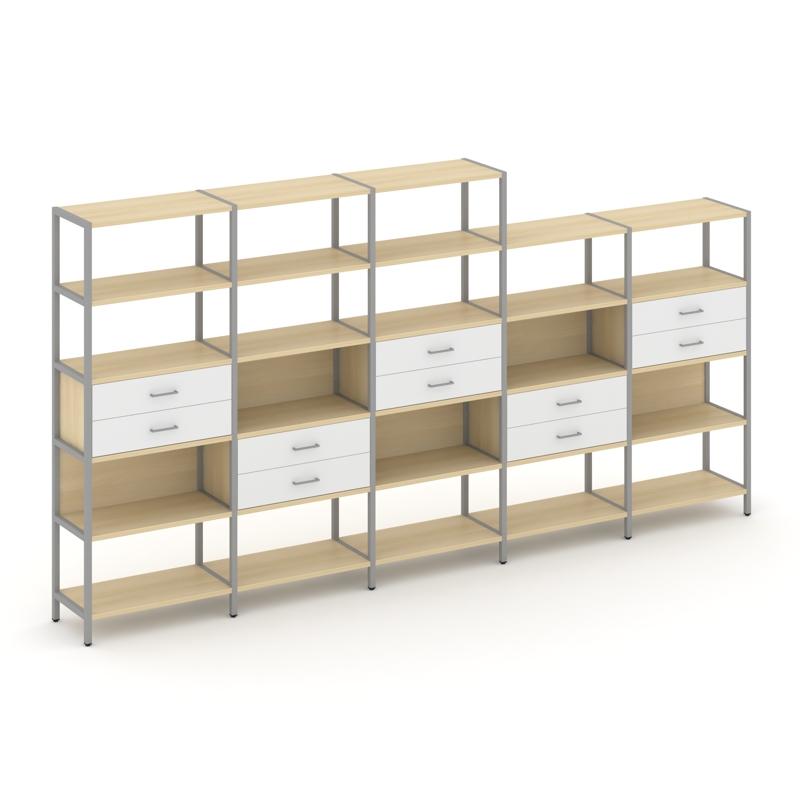 Shelf System Пятисекционный стеллаж пятиярусный с ящиками SN.STM-551 Акация Лорка/Белый/Металл Серый