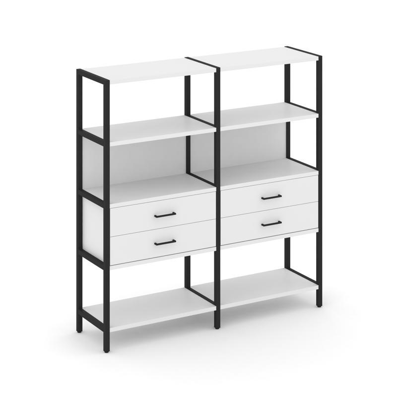 Shelf System Двухсекционный стеллаж четырехярусный с ящиками SN.STM-422 Белый/Металл Черный 1590*400