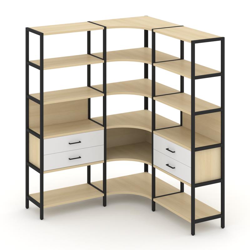 Shelf System Трехсекционный угловой стеллаж пятиярусный с ящиками SN.STMU-531 Акация Лорка/Белый/Мет