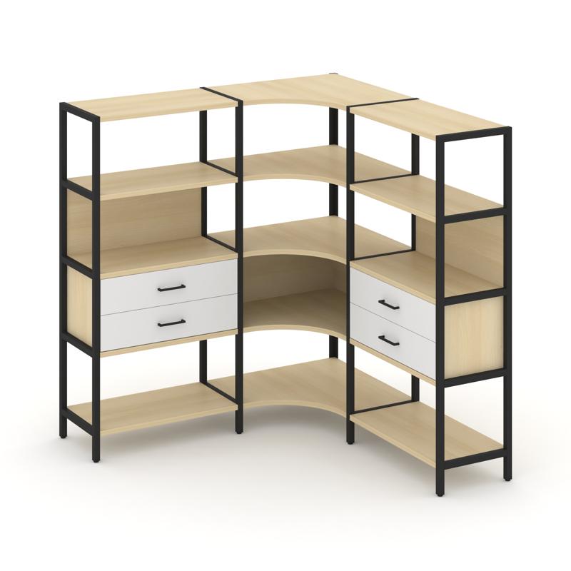 Shelf System Трехсекционный угловой стеллаж четырехярусный с ящиками SN.STMU-431 Акация Лорка/Белый/