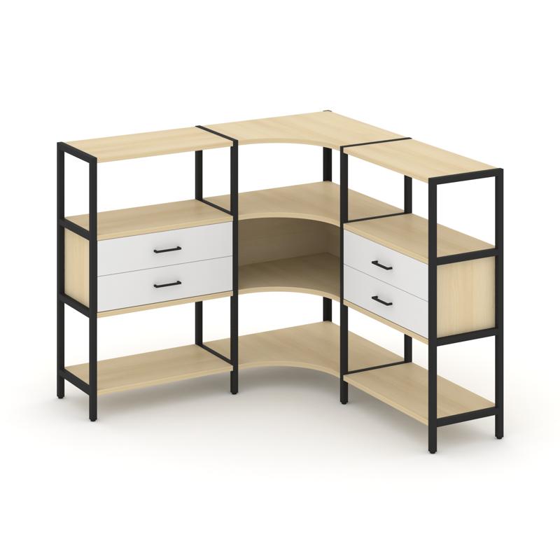 Shelf System Трехсекционный угловой стеллаж трехярусный с ящиками SN.STMU-331 Акация Лорка/Белый/Мет