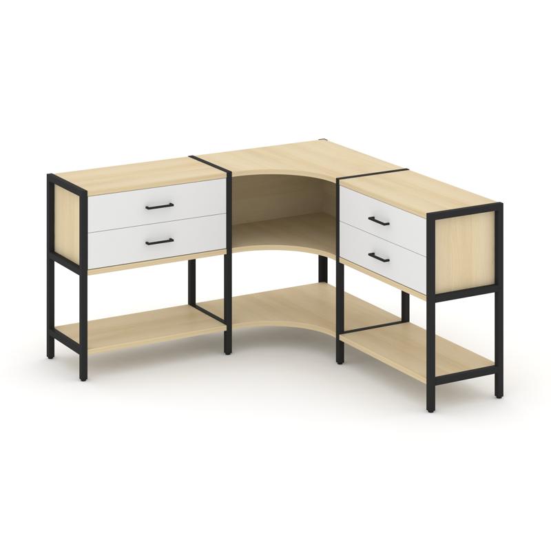 Shelf System Трехсекционный угловой стеллаж двухярусный с ящиками SN.STMU-231 Акация Лорка/Белый/Мет