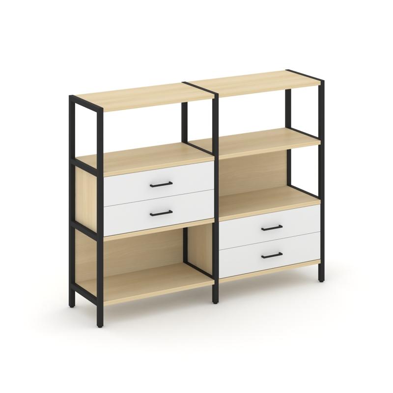 Shelf System Двухсекционный стеллаж трехярусный с ящиками SN.STM-323 Акация Лорка/Белый/Металл Черны