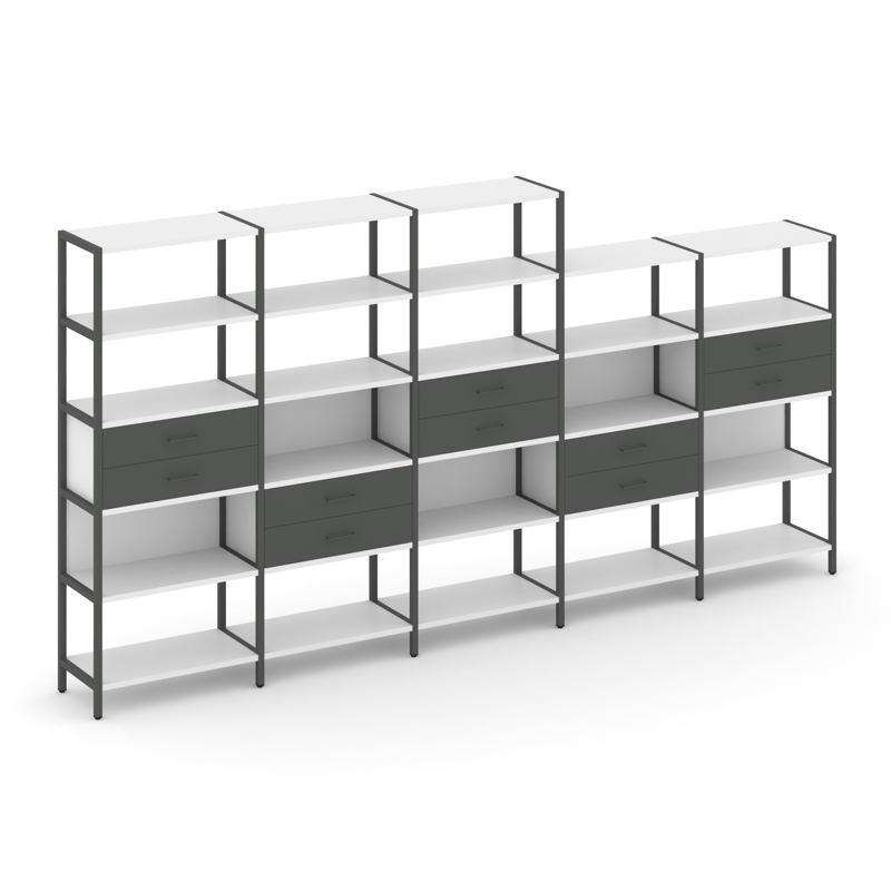 Shelf System Пятисекционный стеллаж пятиярусный с ящиками SN.STM-551 Белый/Антрацит/Металл Антрацит