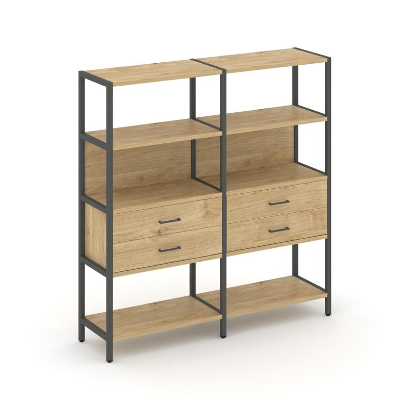 Shelf System Двухсекционный стеллаж четырехярусный с ящиками SN.STM-422 Тиквуд Светлый/Металл Антрац