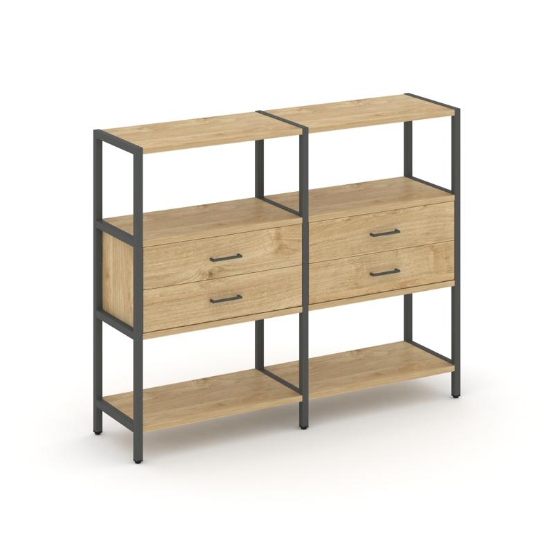 Shelf System Двухсекционный стеллаж трехярусный с ящиками SN.STM-322 Тиквуд Светлый/Металл Антрацит