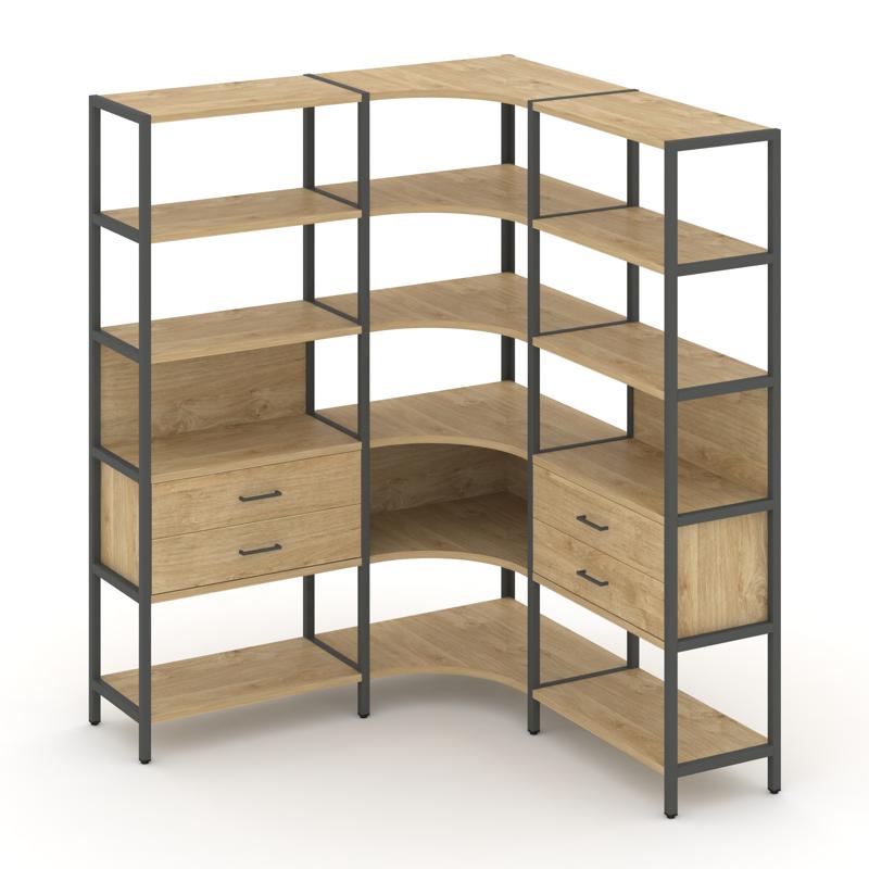 Shelf System Трехсекционный угловой стеллаж пятиярусный с ящиками SN.STMU-531 Тиквуд Светлый/Металл