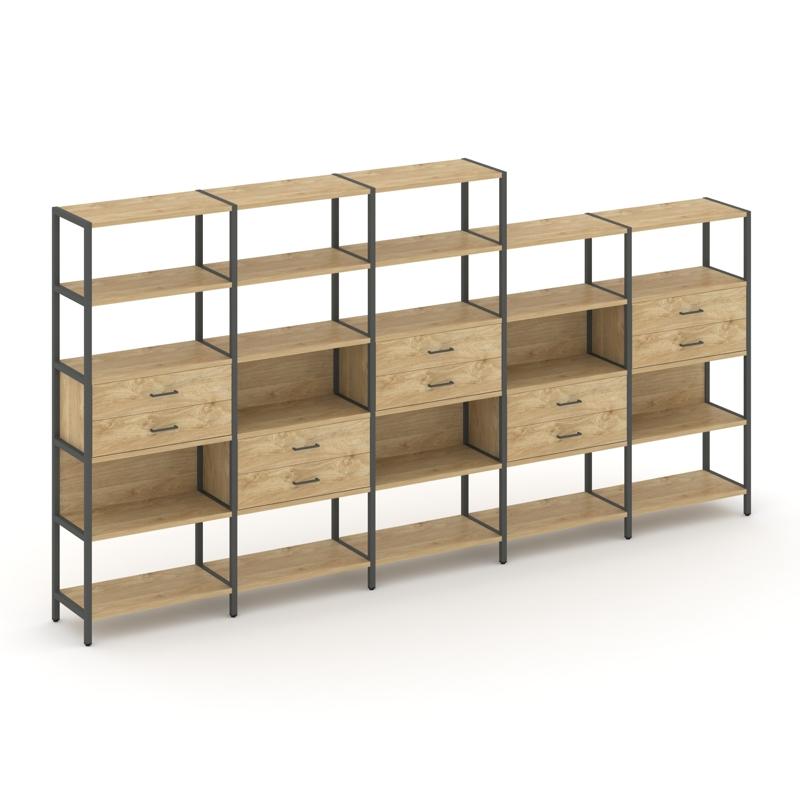 Shelf System Пятисекционный стеллаж пятиярусный с ящиками SN.STM-551 Тиквуд Светлый/Металл Антрацит