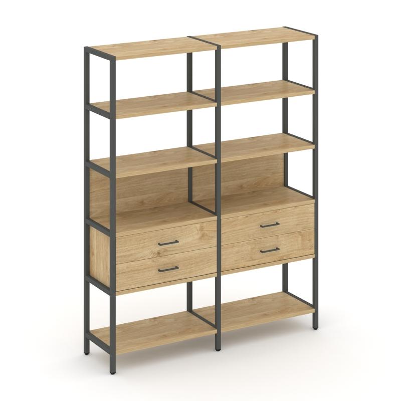 Shelf System Двухсекционный стеллаж пятиярусный с ящиками SN.STM-522 Тиквуд Светлый/Металл Антрацит