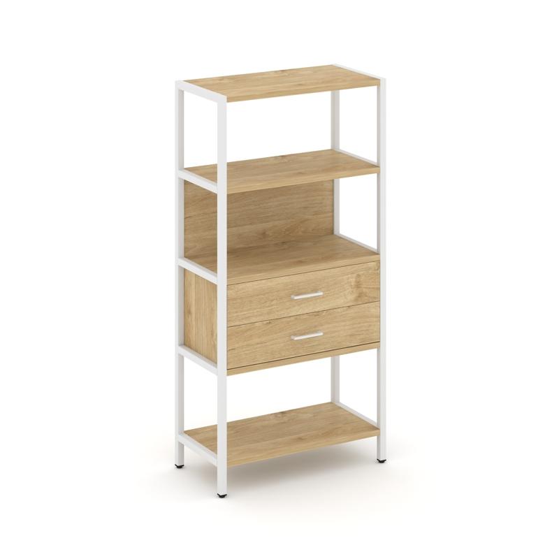 Shelf System Односекционный стеллаж четырехярусный с ящиками SN.STM-412 Тиквуд Светлый/Металл Белый