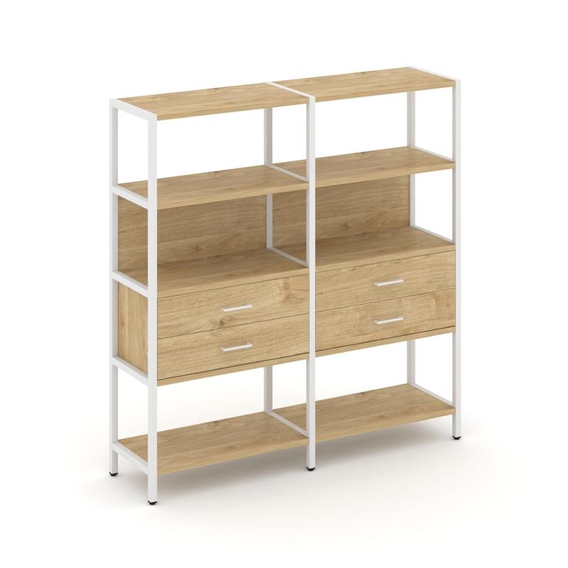 Shelf System Двухсекционный стеллаж четырехярусный с ящиками SN.STM-422 Тиквуд Светлый/Металл Белый