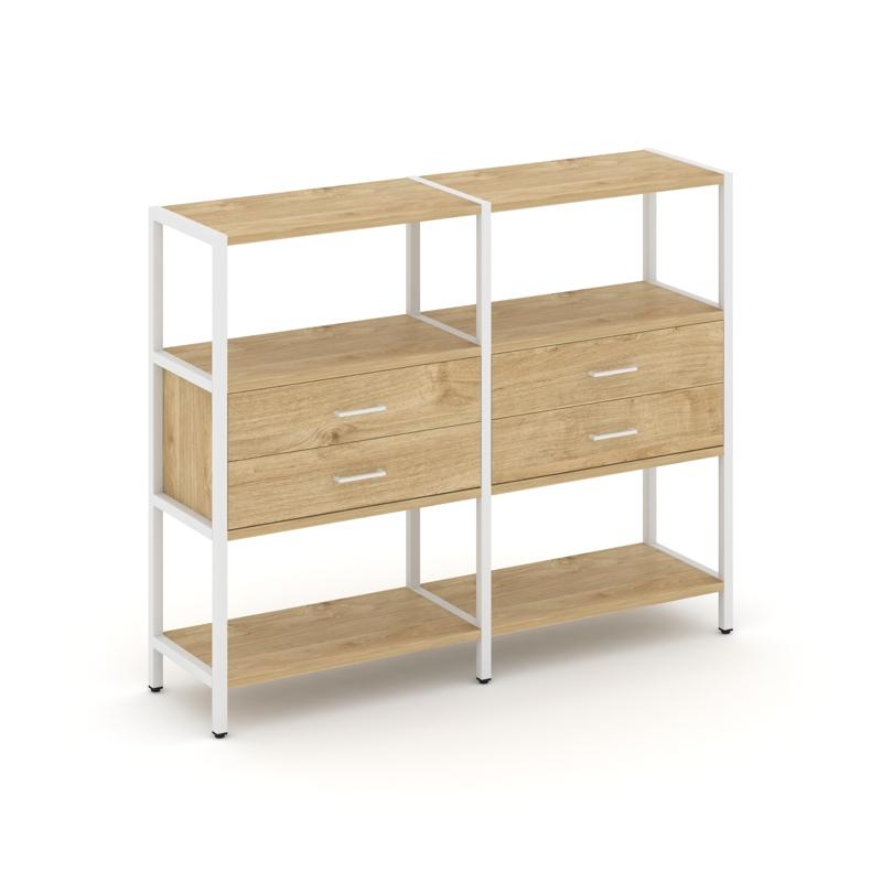 Shelf System Двухсекционный стеллаж трехярусный с ящиками SN.STM-322 Тиквуд Светлый/Металл Белый 159
