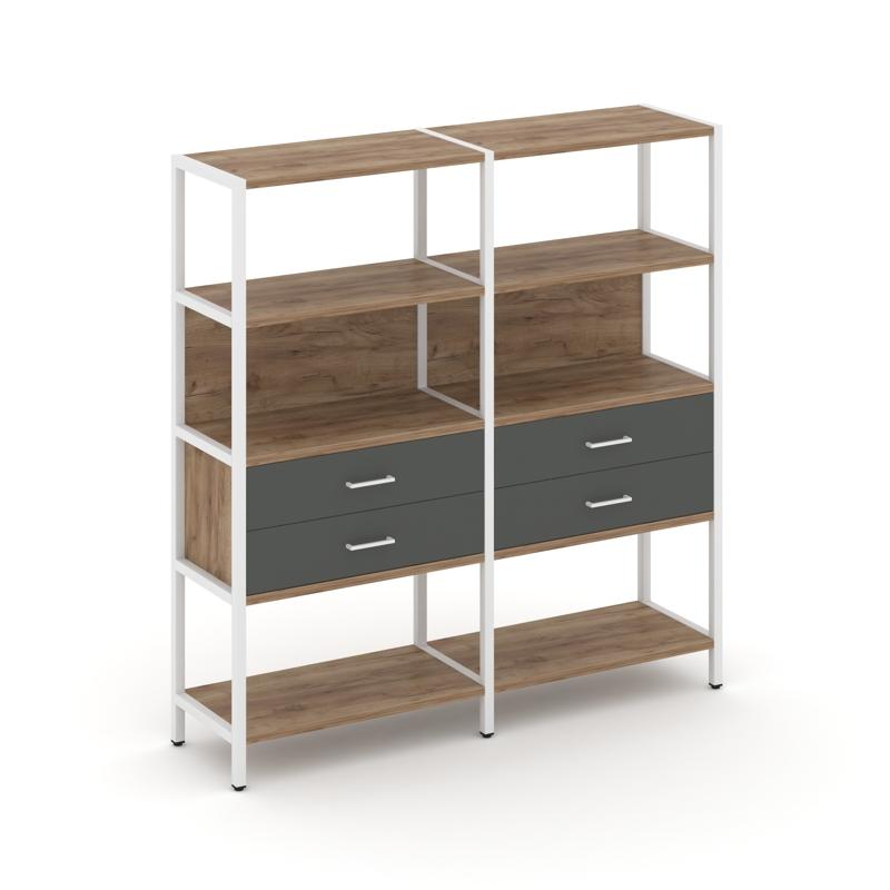 Shelf System Двухсекционный стеллаж четырехярусный с ящиками SN.STM-422 Дуб Табак/Антрацит/Металл Бе