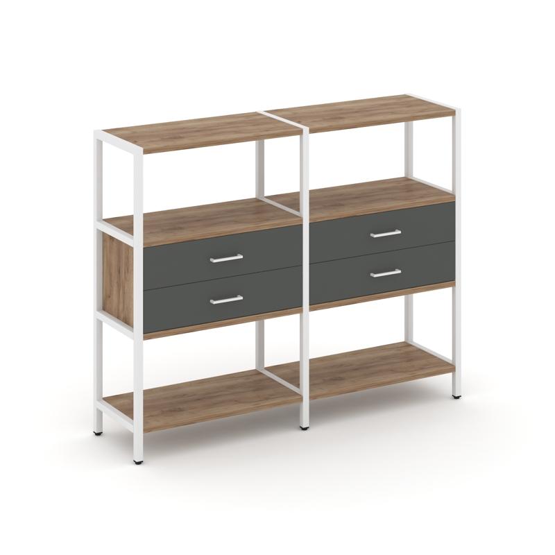 Shelf System Двухсекционный стеллаж трехярусный с ящиками SN.STM-322 Дуб Табак/Антрацит/Металл Белый